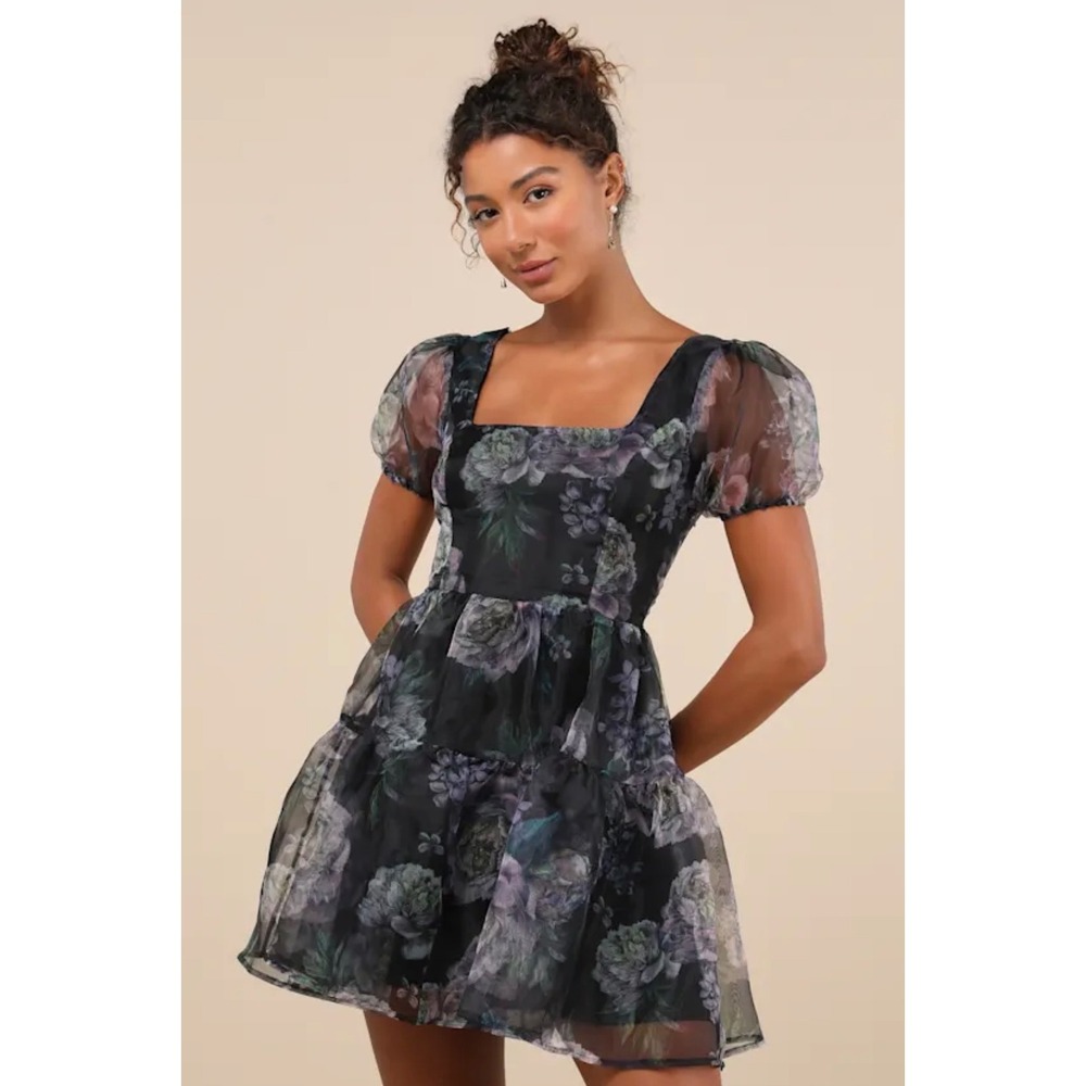 Lulus Floral Organza Mini Dress Womens Large Black Purple NEW Puff Sleeve Tiered